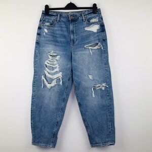 American Eagle Women's 10 Short Blue Jeans Relaxed Mom Distressed Thigh Slit B
